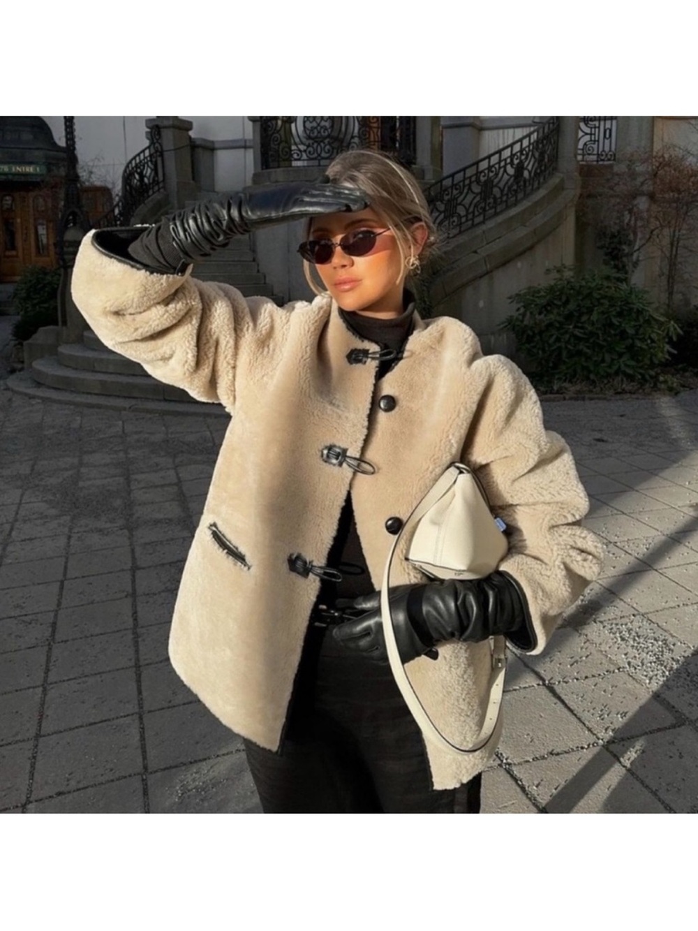 Mango Beige with Black Trim Shearling Toggle Jacket XS SEE DESCRIPTION - Picture 2 of 6